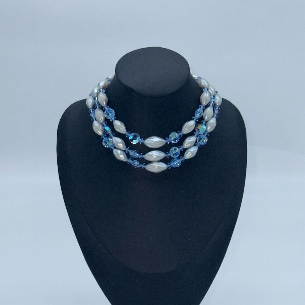 256. Vintage Triple‎ Strand Blue Glass Bead & Faux Pearl Necklace Adjustable